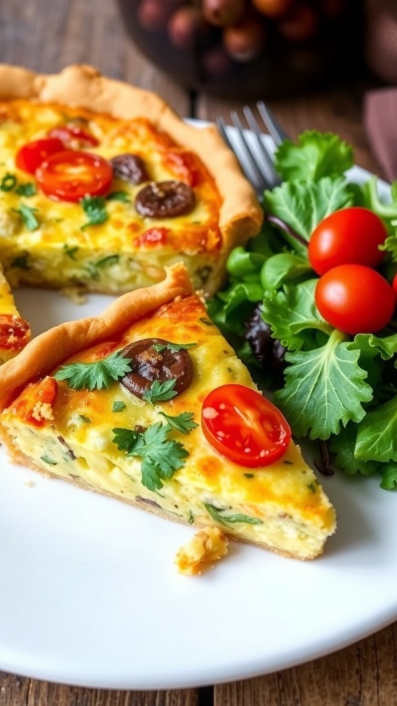 A slice of quiche with hashbrown crust, filled with eggs and vegetables, garnished with herbs on a wooden table.